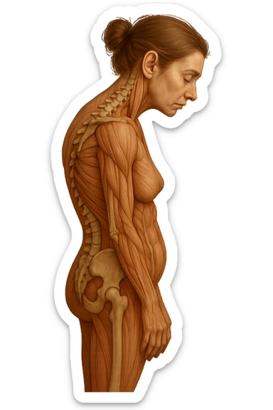 donna di profilo con spina dorsale in evidenza, postura storta, spalle chiuse in avanti, iperrealistica 4k sticker