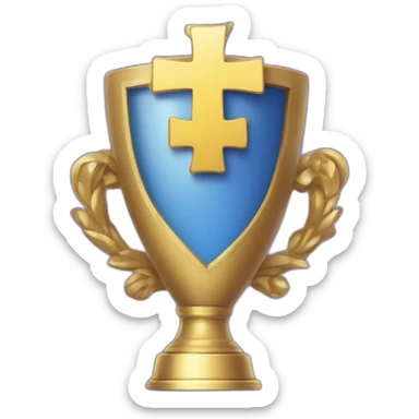 royal big empty Christian trophy for the winner with a cross on royal background  with number 1 sticker