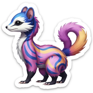 Colorful diaphanous Trico-Sergal-Skunk-Ferret-Furret-Marsupial-Vernid-fusion-Fakemon-animal-hybrid-creature, full body sticker