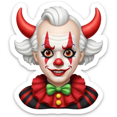 Crea un payaso que tenga toda la cara absolutamente toda la cara blanca, junto con la parte del pelo que sea blanco, pero que no tenga pelo con unos cuernos negros y que tengo un traje de payaso negro con rojo sticker