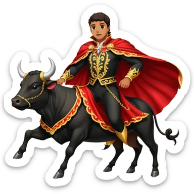 Create a realistic image of a traditional bullfighting scene in a Spanish arena.
Show a bullfighter (matador) HOLDING a red cape (muleta) not wearing one. as a powerful black bull charges toward it. NOT riding the bull. sticker