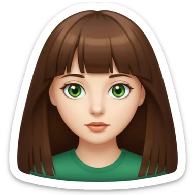 beautiful woman, straight long brown hair with bang, green eyes  sticker