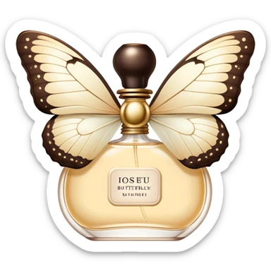 A delicate butterfly with wings in ivory and beige, and a flacon of vintage-style cream aesthetic perfume sticker