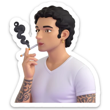 Italian man with tanned skin, curly black hair in short bob style, stubble, olive eyes, gold earring in left ear, white t-shirt, black tattoo on forearm, smoking cigarette sticker