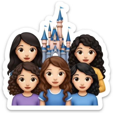 Quiero que crees una imagen donde este el castillo de Disney y por detrás o delante pon a 4 chicas: una con el pelo largo rizado marrón , otra con el pelo muy corto negro, como un chico, otra con el pelo mediano liso marrón y otra con el pelo negro largo liso  sticker