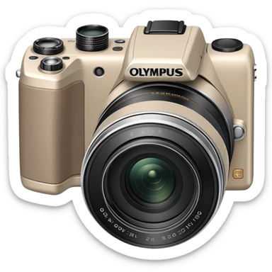 Minimal Olympus Superzoom 70G camera from slight top angle, grayish-beige color, simplified shape with subtle indication of basic camera features sticker