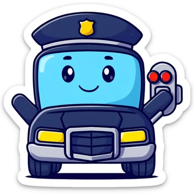 A cartoon police car character with a cute face, flashing lights and a small badge sticker