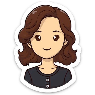 27 year old Caucasian woman with fair skin, brown eyes, long wavy dark brown hair, wearing a black top with a button sticker