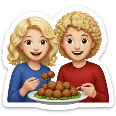 Ragazza bionda leggermente riccia e lunghi che ride ad un ragazzo con i capelli ricci scuri mentre mangia polpette sticker