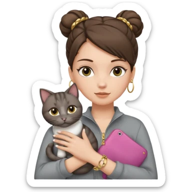 a white girl with brunette hair in a one single bun holding a grey cat. the girl has long lashes and has on a grey zip up that is half way zipped  and under a white shirt and gold jewelry that is gold bracelets. sticker