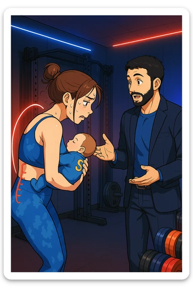 ispirati a questo stile di disegno e fai questa immagine in versione manga/webtoon a colori, il manga mostra la donna preoccupata di profilo con la postura sbagliata e incurvata, spalle chiuse e curve in avanti, con un neonato in braccio con una tutina azzurra e la scritta "S" sulla schiena, spina dorsale storta della donna in evidenza mentre ascolta l'uomo mentre l'uomo gli sta spiegando una cosa, ma non fare i fumetti, fai come se stessero parlando sticker