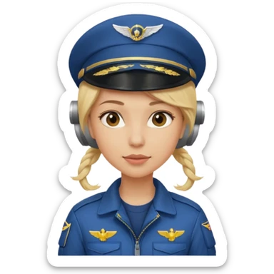 A female pilot with light skin and blonde hair under her cap sticker