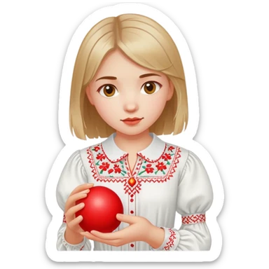 Ukrainian young girl in a white embroidered shirt holds a red ball of thread in her hand sticker