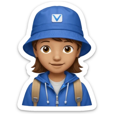 Little student, brown hair, wears blue bucket hat and jacket, backpack, shy sticker