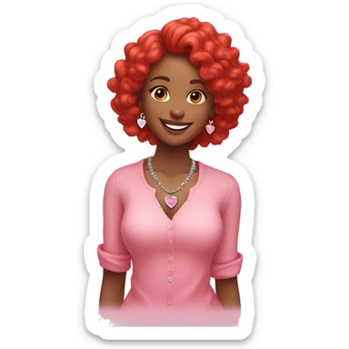 Bright skin girl, bright smile, red long curve hair, wearing diamond bud earrings, a heart shape necklace and pink pastel shirt  sticker
