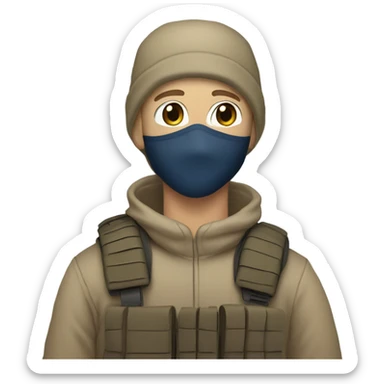White male, face mask, tan tactical gear, combat boots, black beanie, blue eyes sticker
