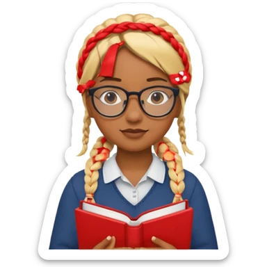 A student, girl, brown skin, braid blonde hair, wearing glasses, hold red book in front of their chest sticker