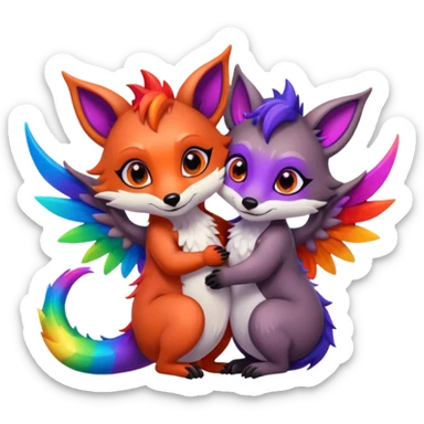 black female raccoon dragon hybrid with rainbow colored wings and purple eyes hugging a red female fox dragon hybrid with rainbow colored wings and orange eyes sticker