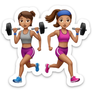 two women, one running and one lifting weights. brown hair, olive skin, hazel eyes. sticker