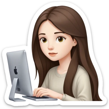 beautiful pale brunette girl with long hair editing photos on her computer looking on the screen sticker