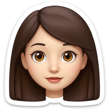 3D emoji sticker of a cute girl, Apple Memoji style, dark brown hair, brown eyes, long eyelash extensions, soft facial features, clean white background, smooth lighting, high quality, cute and friendly expression sticker