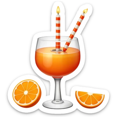 An orange with a horizontal red stripe around the middle. 4 vertical cocktail sticks in the orange with small pieces of candy on the sticks. On top of the orange a small white lit candle. The orange should be a piece of fruit not a drink.  sticker