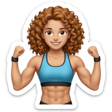 big biceps, muscled torso, very beautiful italian happy girl, looking like Emma Watson, with wavy curly bright hazelnut hair, dressed in a beautiful sports outfit, very muscled sticker