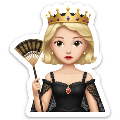 A stern queen with dark lace dress, holding a fan and observing with authority.
 sticker