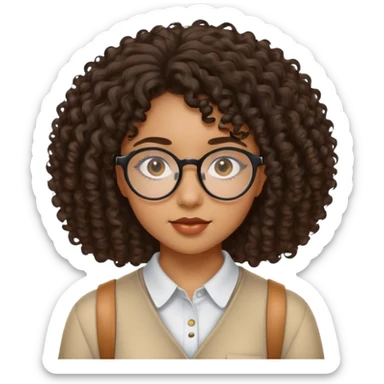 Étudiante (femme) de 20 ans noire métissée avec les cheveux bouclés, le visage ovale et des lunettes semi rondes et les yeux en amande  sticker