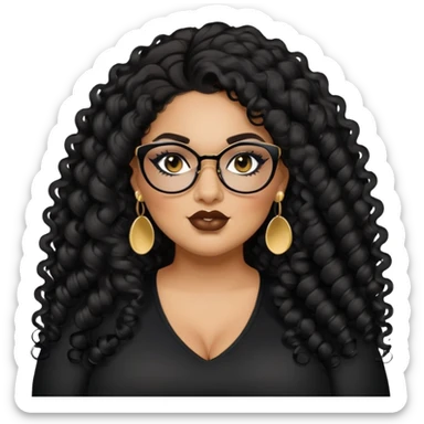 big plus size, latina, darker tan skin, long black curly hair, baddie,pretty, makeup, lipgloss, black eyeliner, long hair, small gold earrings, black top, black glasses sticker
