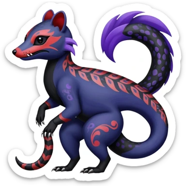 Rare warm-colored exotic gloomy tropical edgy cute epic aesthetic spooky indigo violet white black red gothic colorful Salandit-Noibat-Civet-species-Fakemon-hybrid-creature, with tribal tattoo markings, full body sticker