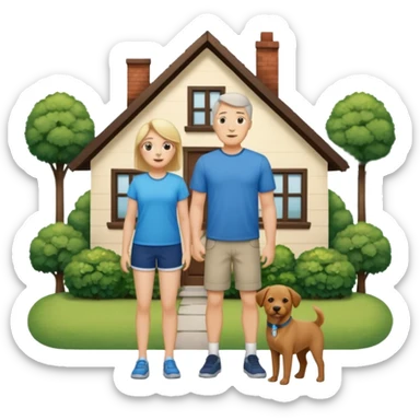 a mom and dad standing in front of a house with their son and a dog next to them (1 dog) and 1 SON not daughter the son should be very short sticker