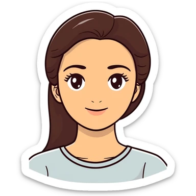 young woman with long dark brown hair, oval face, warm skin, thick eyebrows, large brown eyes, gentle smile, surrounded by palm trees, pineapples, oranges, lush green leaves, tropical botanical illustration, vibrant colors, sticker-like white outline sticker