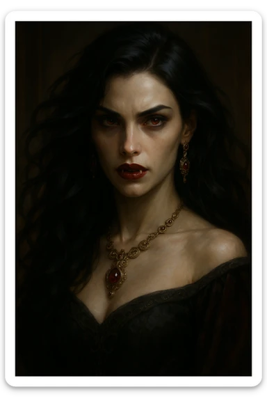 vampire girl, realistic fantasy style, dramatic lighting, flowing black hair, crimson lips, ornate jewelry, intense gaze sticker