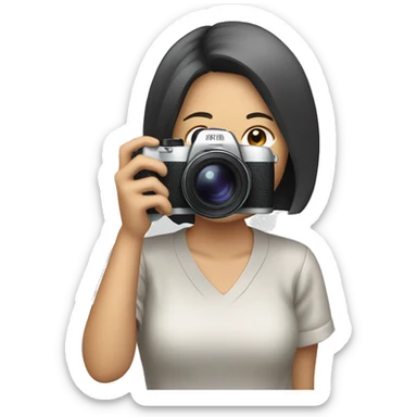 an asian woman with short hair taking photo using a camera sticker