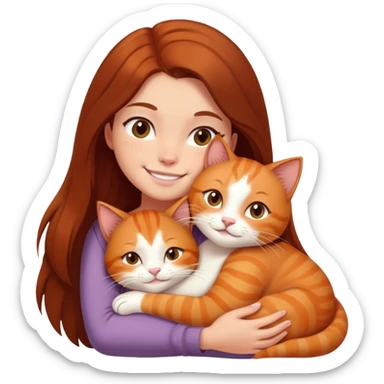 smiling girl with long dark brown hair cuddling a ginger cat with white paws  sticker