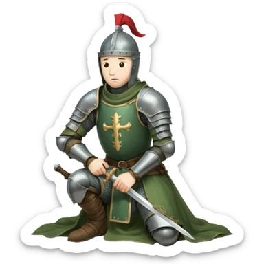 A lone medieval knight in a green worn armor kneels. His helmet is closed, hiding his face, conveying silence, exhaustion and contemplation. A long sword is planted in the ground beside him, its hilt resting near his gloved hands as if he is praying or resting after battle. sticker