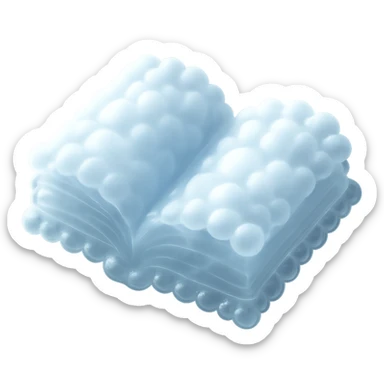 top view of a thick open book made entirely of small, very bright white fluffy convex clouds, matte glass style sticker