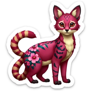 Colorful dark tropical ruby rose floral butterfly exotic cute cool beautiful shiny beautiful fantasy-caracal-civet-genet-sergal-vernid-serval-Gryphon-Cacomistle-Trico-oncilla-animal-Fakémon-hybrid-fursona (full body) sticker