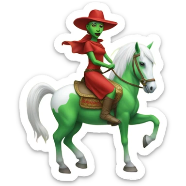 a green amazon alien woman in red on a white horse sticker