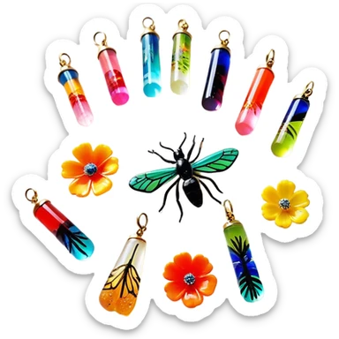 Create an icon that represents decorative arts using epoxy resin. The design should feature colorful tubes of resin, including fluorescent resin tubes, with visible drops or strokes of resin being applied to create intricate designs. Include finished resin jewelry pieces, such as pendants or rings, containing preserved flowers and insects encased in clear resin. The composition should feel vibrant, artistic, and delicate, showcasing the unique beauty of resin art with natural elements. The background should be transparent sticker