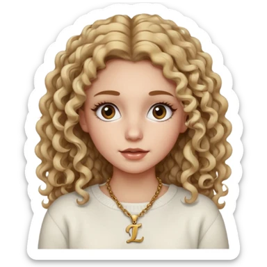 a dirty blonde girl with brown eyes and make her wearing a white sweater and a necklace with I intial with curly hair and white skin color, long hair and big lashes sticker