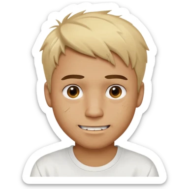 Male with short, messy blonde hair, large expressive golden-brown eyes, brown skin, subtle facial bruises and scratches, crooked smile showing slightly damaged teeth, wearing a plain white t-shirt. sticker