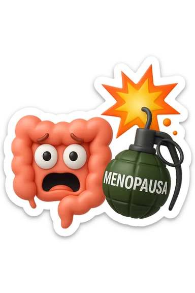 EMOJI STILE IPHONE 3D DI INTESTINO 3D CON ESPRESSIONE SPAVENTATA IN VOLTO MENTRE ACCANTO A LUI SCOPPIA UNA GRANATA 3D CON LA SCRITTA "MENOPAUSA" SOPRA, FAGLI ANCHE LA PARTE BIANCA DEGLI OCCHI, NON SOLO LA PUPILLA sticker