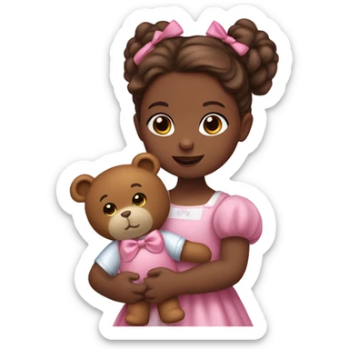 Little girl with blue eyes with Long lashes, and bronze Brown hair in two ponytails with bows. She is wearing a pink dress, and holding a teddybear. She had a pink pacificer in her mouth. sticker