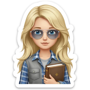 girl with long blond messy hair wearing grey plaid shirt with blue eyes and aviator sunglasses wearing a ring on her silver necklace, holding law books sticker