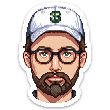 adventurer with goatee beard (no beard on cheeks), short hair, glasses and backwards baseball cap sticker