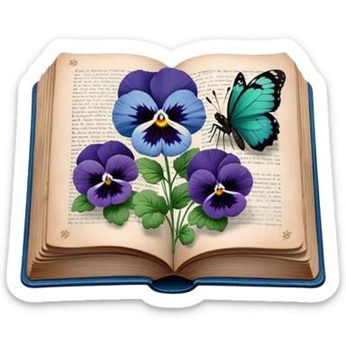 A vintage book with a worn blue cover, open to reveal pressed pansies and a resting green butterfly. sticker