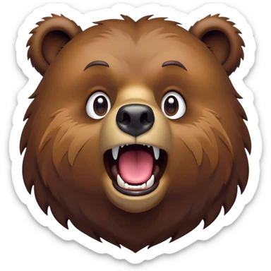 Cinematic Comical Grizzly Bear Portrait Emoji, Head tilted dramatically with an exaggeratedly amused expression, featuring a striking, rugged deep brown fur with bold fur texture, wide, expressive eyes filled with playful disbelief, Simplified yet hilariously expressive features, highly detailed, glowing with a slightly sassy glow, high shine, dramatic yet playful, stylized with an air of cheeky wilderness mischief, bright and endearing, soft glowing outline, capturing the essence of a spirited and over-the-top grizzly, so meme-worthy it feels like it could roar its way into internet fame instantly! sticker