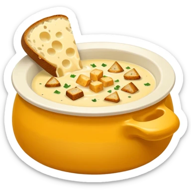 cheese soup with garlic, and cubes of dry dark bread in bowl sticker